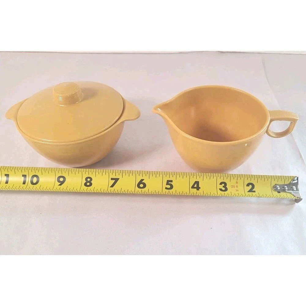 3 Piece Vintage Lustroware Mustard Yellow Sugar Bowl and Creamer w/ Lid